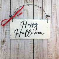 Holzschild, handbemalt, "Happy Halloween", Türschild, Wanddeko, weiß, Halloween, Herbstdeko, herbstlich, Geschenk, Schiftzug, elegant