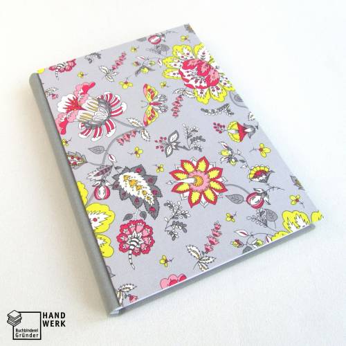 Notizbuch, DIN A5, hellgrau, Blumen-Ranken, 300 Seiten