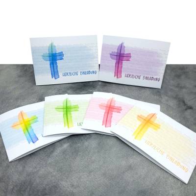 Einladungskarte Konfirmation, Kommunion & Firmung – Aquarell-Kreuz, personalisierbar