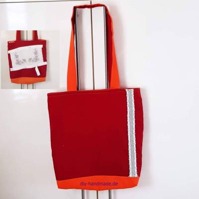 Wendetasche aus Upcycling-Bettwäsche – Stofftasche 40 x 40 cm, Handmade Unikat, rot-orange