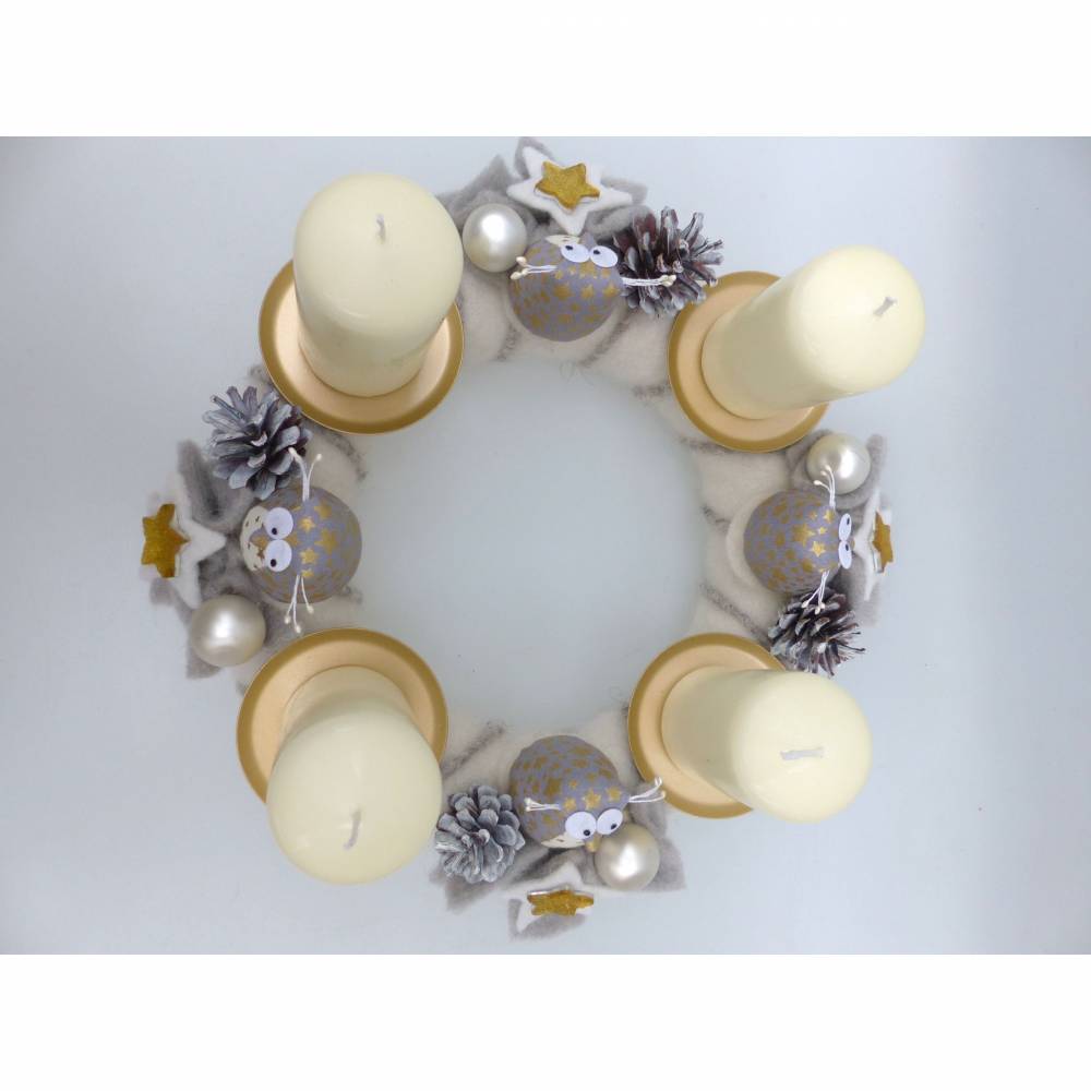 Adventskranz aus Filz mit Eulen in weiß-gold Bild 5