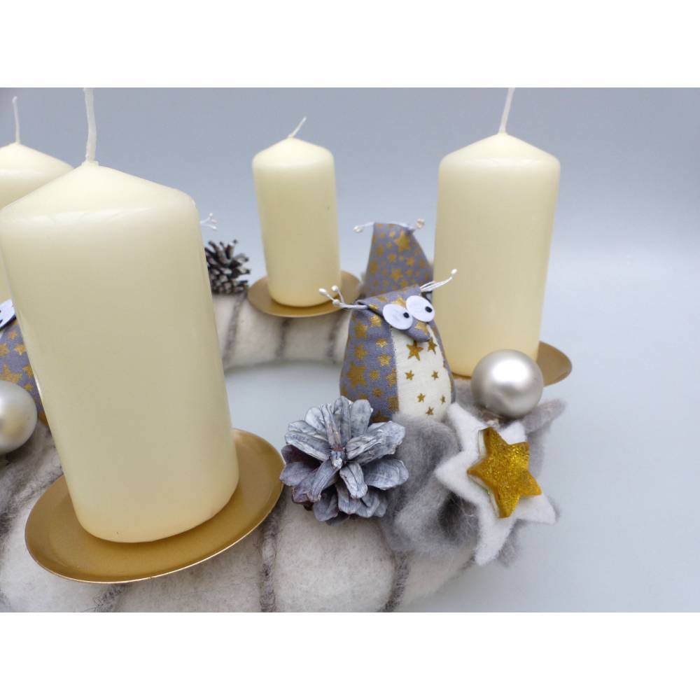 Adventskranz aus Filz mit Eulen in weiß-gold Bild 8