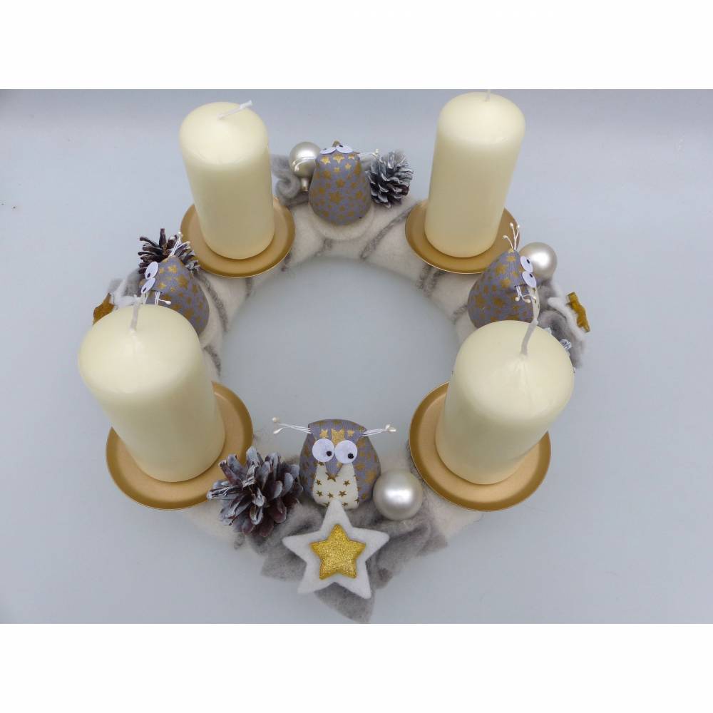 Adventskranz aus Filz mit Eulen in weiß-gold Bild 9