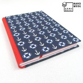 Notizbuch, DIN A5, 150 Blatt, handgefertigt, dunkel-blau, rot, weiß, maritim