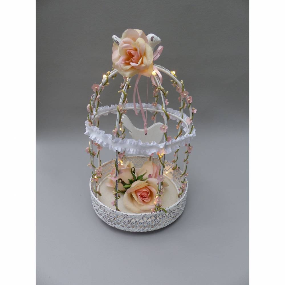 Hochzeit-Tischdeko, Vogelkäfig mit Lichterkette, rosa-weiß, (Vintage)-Landhaus-Dekoration Bild 1