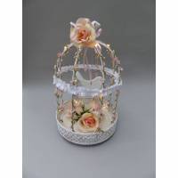 Hochzeit-Tischdeko, Vogelkäfig mit Lichterkette, rosa-weiß, (Vintage)-Landhaus-Dekoration