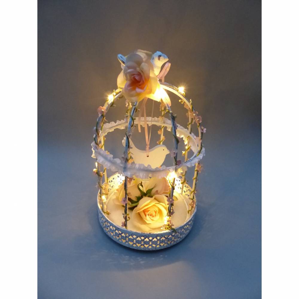 Hochzeit-Tischdeko, Vogelkäfig mit Lichterkette, rosa-weiß, (Vintage)-Landhaus-Dekoration Bild 2