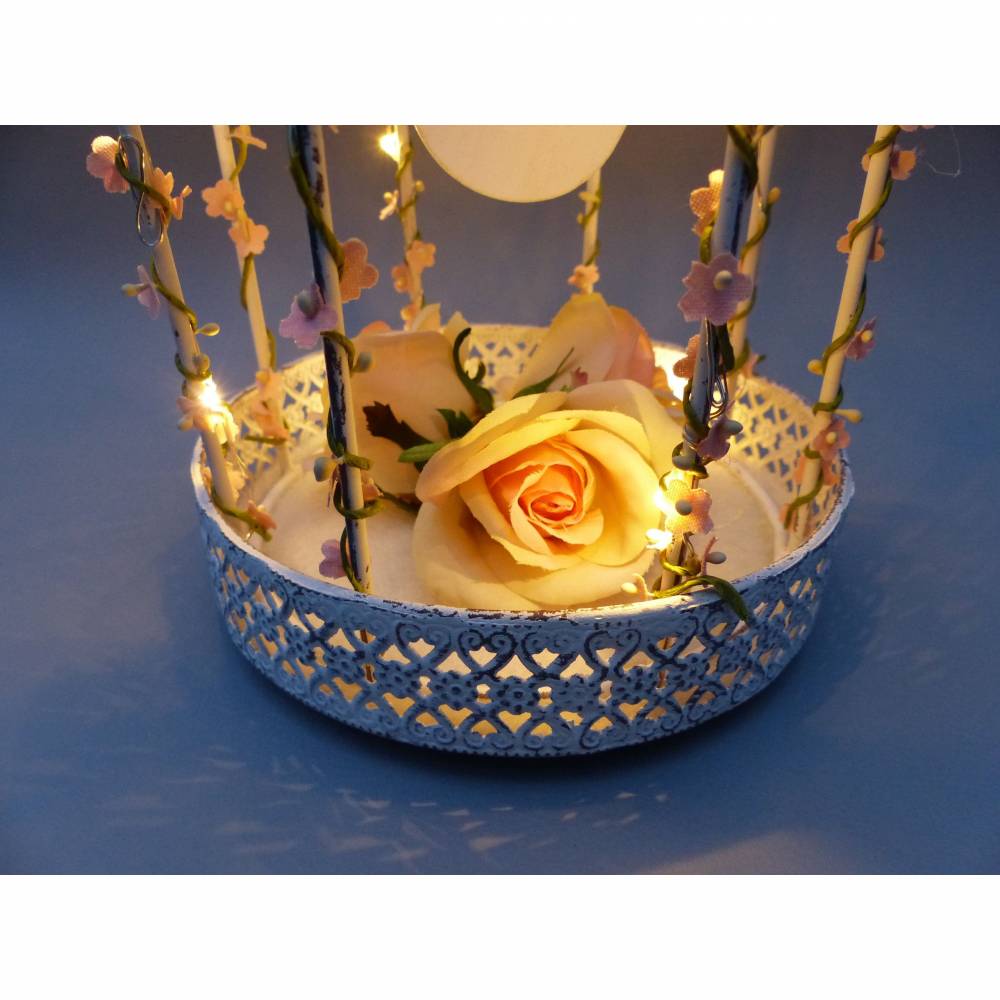 Hochzeit-Tischdeko, Vogelkäfig mit Lichterkette, rosa-weiß, (Vintage)-Landhaus-Dekoration Bild 3