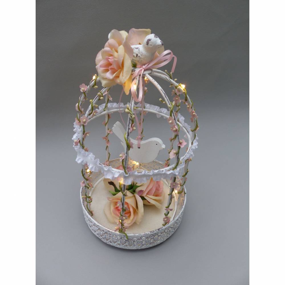 Hochzeit-Tischdeko, Vogelkäfig mit Lichterkette, rosa-weiß, (Vintage)-Landhaus-Dekoration Bild 4