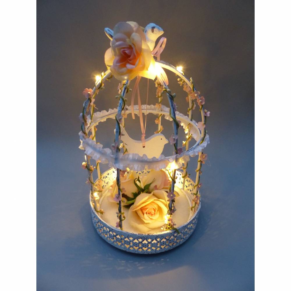 Hochzeit-Tischdeko, Vogelkäfig mit Lichterkette, rosa-weiß, (Vintage)-Landhaus-Dekoration Bild 5