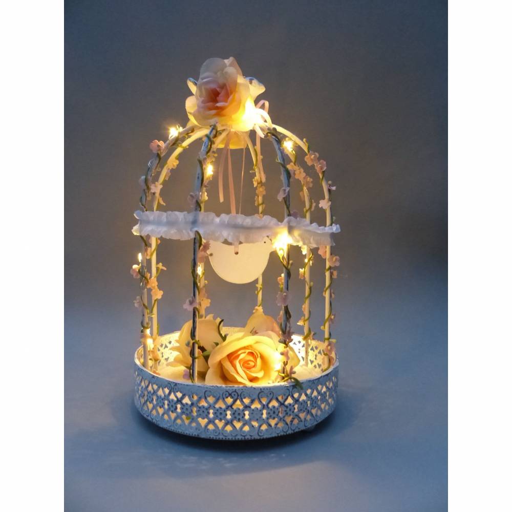 Hochzeit-Tischdeko, Vogelkäfig mit Lichterkette, rosa-weiß, (Vintage)-Landhaus-Dekoration Bild 9