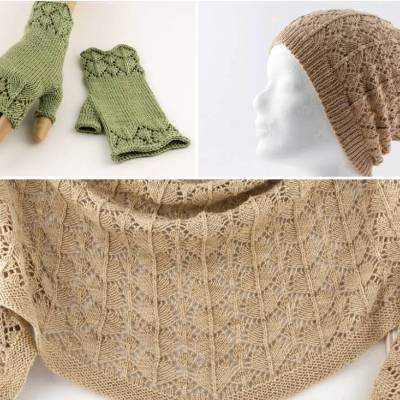 Strickanleitung Leah Set (Mütze, Tuch, Stulpen) mit schönem Lochmuster - Sparset