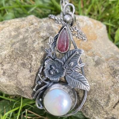 Süßwasser Perle, pink Turmalin Sterling Silber Anhänger + 925 Sterling Silber Halskette 