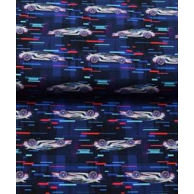 French Terry Race Car Sommersweat – Rennauto Stoff dunkelblau für Jungs & Männer, Meterware nähen Hoody