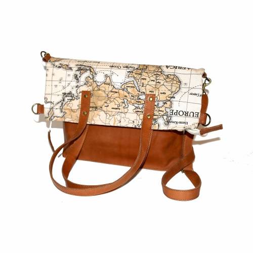 SCHULTERTASCHE mit zwei Funktionen Leder Stoff „Weltkarte” antik