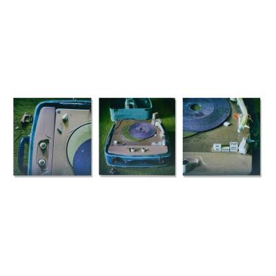 3er Set Holzbild alter Schallplattenspieler, Lost Place, marode, Foto auf Holz, im Quadrat, 10 x 10 cm