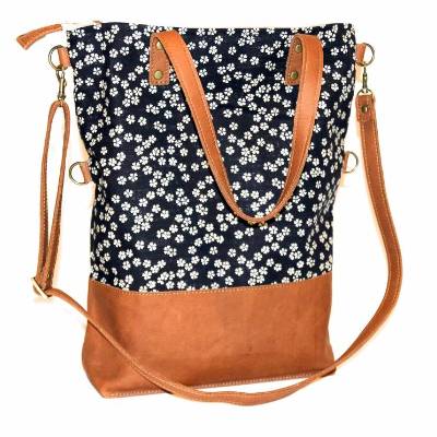 2 Funktionen SCHULTERTASCHE BÜFFELLEDER & Stoff „Sakura” Japan