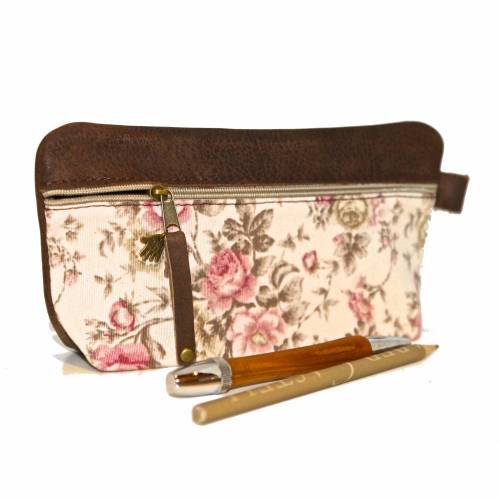 FEDERMÄPPCHEN Leder & vintage Rosenstoff  groß