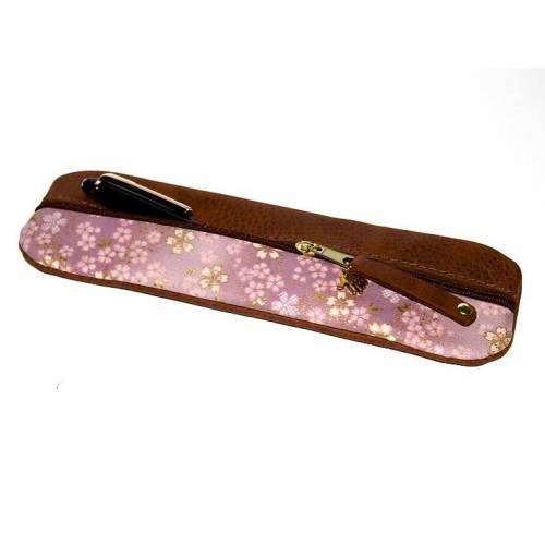 Federmäppchen Leder & Stoff „Kirschblüten rosa gold”