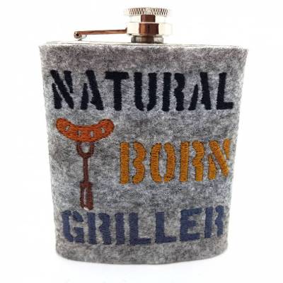 Edelstahl Flachmann bestickt 200 ml Flachmannhülle Steakhouse Barbequer Schnapsflasche Stier Steak Grillmeister grillen Barbeque Weihnachten Männergeschenk
