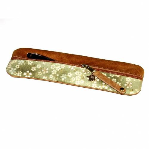 Federmäppchen Leder & Stoff „Kirschblüten gelbgrün gold”
