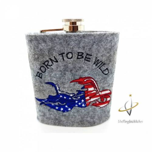 Flachmann Edelstahl Flachmannhülle bestickt 200 ml Born to be wild Route 66 Motorradfahrer Männergeschenk Biker Moped Easy Rider Weihnachten