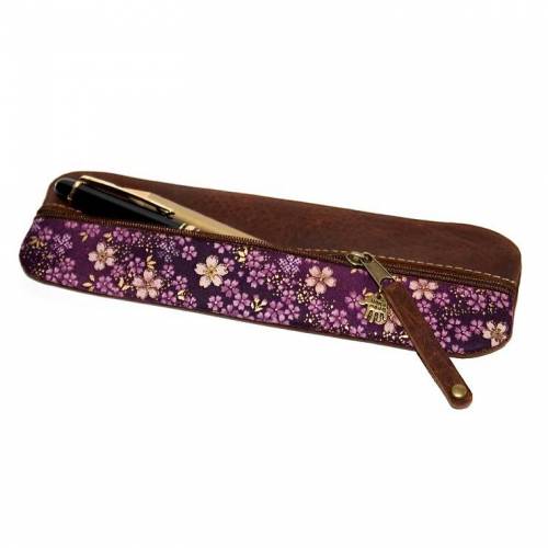 Federmäppchen Leder & Stoff „Kirschblüten violett gold”
