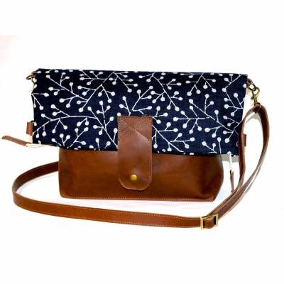 2 Funktionen SCHULTERTASCHE HANDTASCHE Leder & Stoff blau „Knospen”