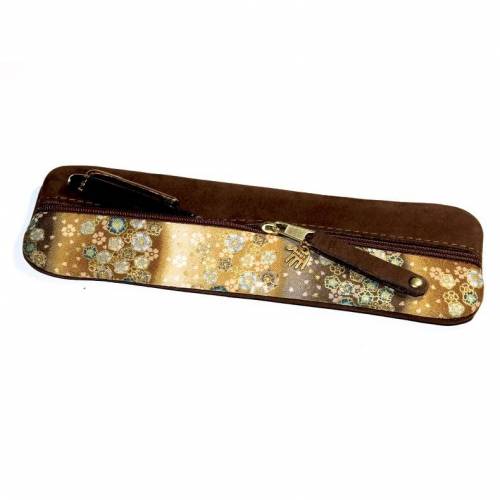 Federmäppchen Leder & Stoff „Goldene Blüten - Brauntöne”