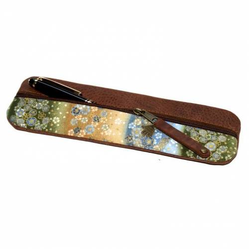 Federmäppchen Leder & Stoff „Goldene Blüten - Blautöne”