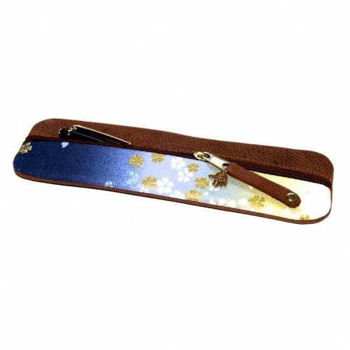 Federmäppchen Leder & Kimonostoff „Goldene Blüten”