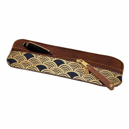 Federmäppchen Leder & Stoff „Wellen in Gold”