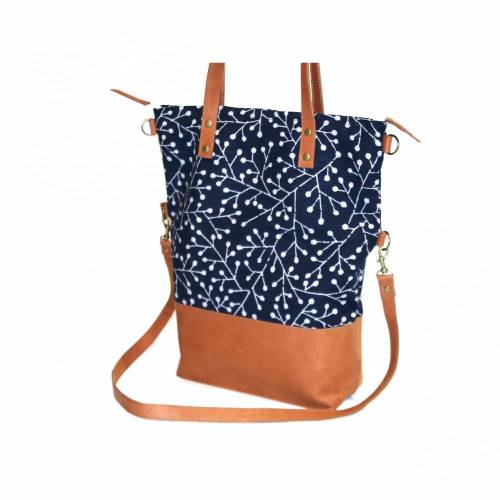2 Funktionen SCHULTERTASCHE Leder & Stoff „Knospen” Japan