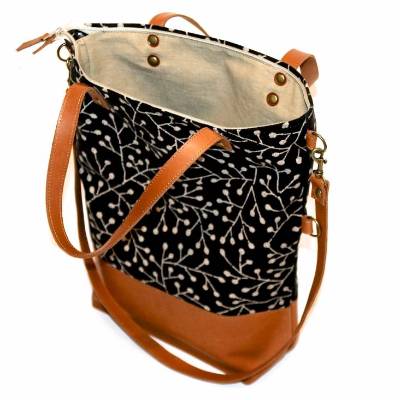 2 Funktionen SCHULTERTASCHE Leder & Stoff „Knospen” Japan