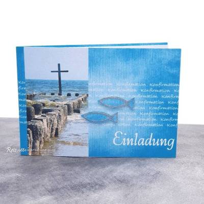 Handgemachte Einladungskarte Konfirmation, Kommunion oder Firmung – Kreuz im Meer