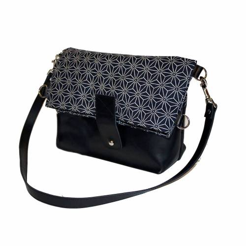 BESONDERE SCHULTERTASCHE HANDTASCHE Leder & Stoff Design „Asanoha” Japan schwarz