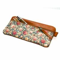 Elegantes Federmäppchen Leder in cognacfarben & Rosen petrol