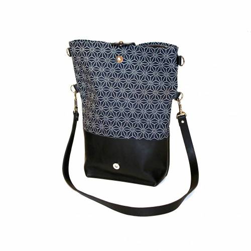 BESONDERE SCHULTERTASCHE Leder & Stoff Design „Asanoha” Japan schwarz