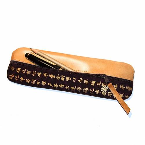 Federmappe goldenes Leder & Stoff „Kanji” Schriftzeichen