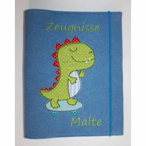 Zeugnismappe - Zeugnishülle " Dino " mit Namen inkl. Sichtbuch A4 - Wollfilz