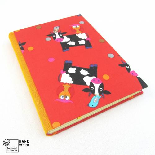 Notizbuch, Eule Kuh Vogel, 150 Blatt bunt, DIN A5, rot orange, UNIKAT