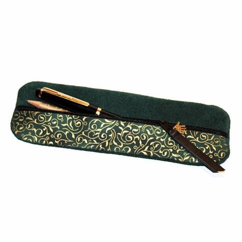 Elegantes Mäppchen Leder grün & Stoff grün gold