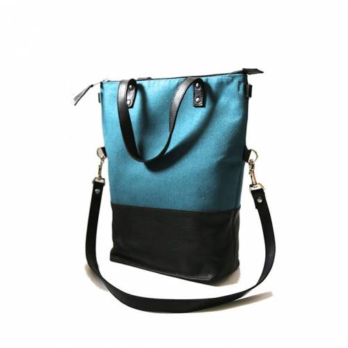 2 Funktionen SCHULTERTASCHE Leder & CANVAS-Stoff Design „Petrol”