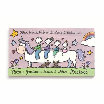 Einhorn Haustürschild aus Holz – Handgemaltes Familientürschild wetterfest & individuell, Haustürschild mit Name personalisiert, individuelles Geschenk für Familie und Freunde