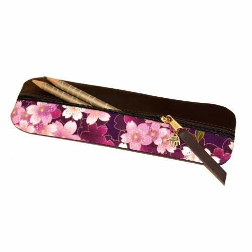 Federmäppchen Leder & japanischer Stoff violett „Kirschblüten”