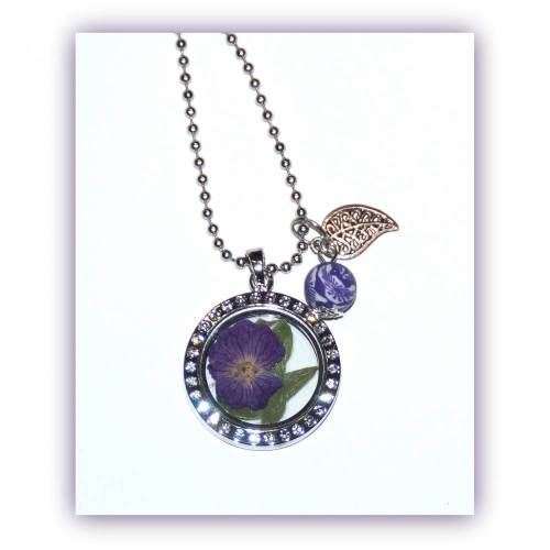 Floating Medaillon Strass mit Edelstahlkette echte Blume und Anhänger Blatt