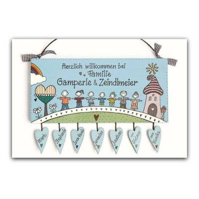 blaues Türschild Familie personalisiert mit Namen & Figuren – Handgemachtes Haustürschild aus Holz, wetterfest & einzigartig, individuelles Familiengeschenk für das Zuhause