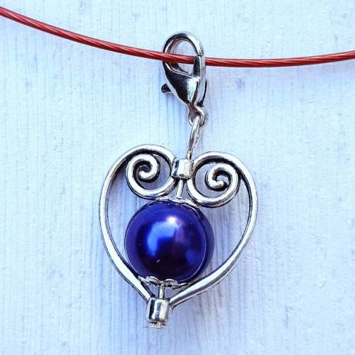 Herz mit Perle - Anhänger mit Karabinerhaken - 21 mm - lila