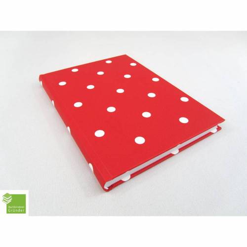 Notizbuch, DIN A5, Hardcover, Kladde, rot weiße Punkte, handgefertigt