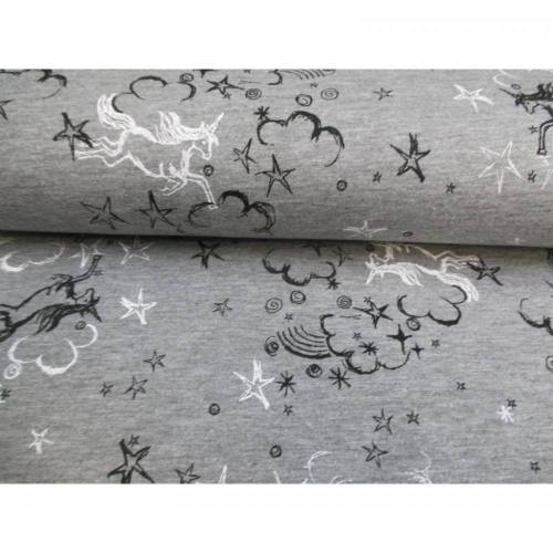 French Terry, Sweat, Baumwolljersey, unangeraut,  Einhorn , Wolken ,grau meliert, Oeko-Tex Standard 100(1m/13,-€)